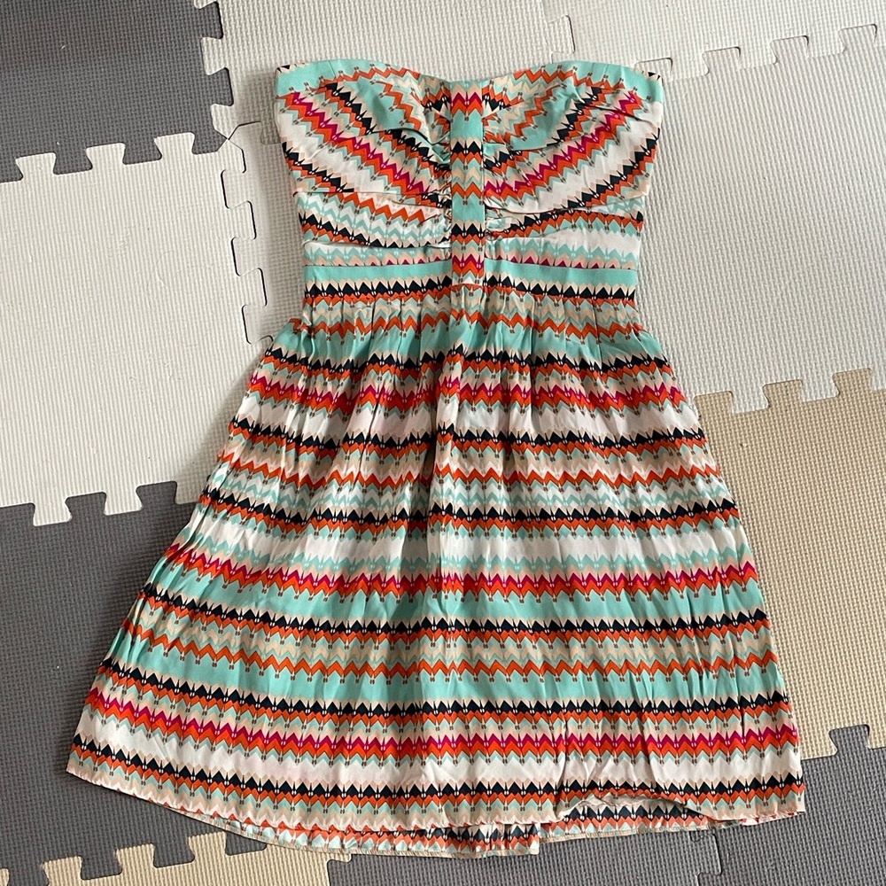 Parker strapless bright blue, orange, pink, cream zigzag/geometric dress